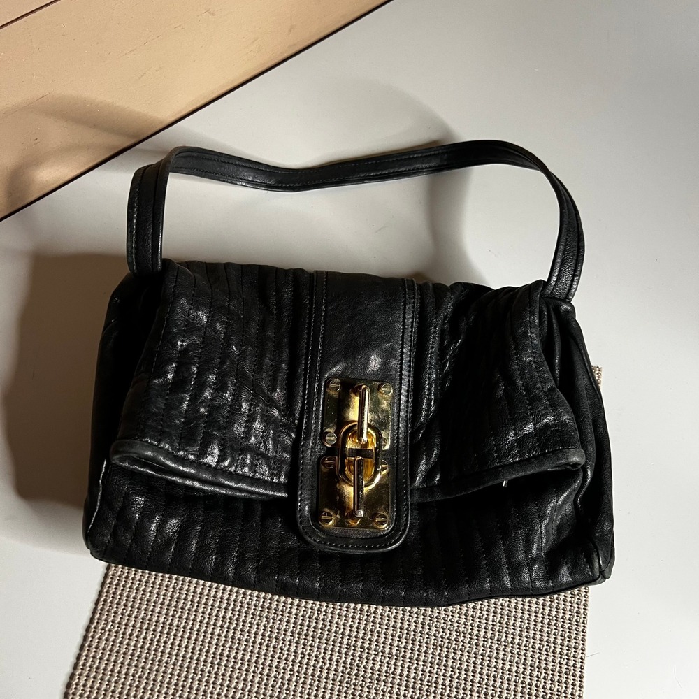 Treesje Black Leather Ruched Quilted Shoulder Bag Gold Hardware‎ Vintage 2009
